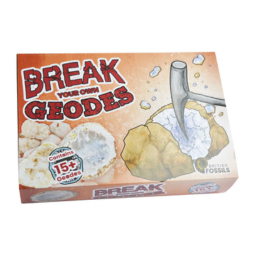 'Break your order Geodes' box with an illustration of a pick axe bring a stone to show gems inside.