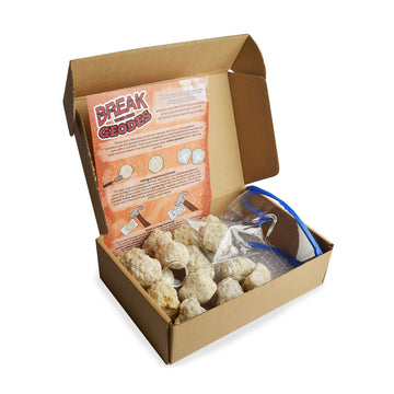 'Break your order Geodes' box with an illustration of a pick axe bring a stone to show gems inside.