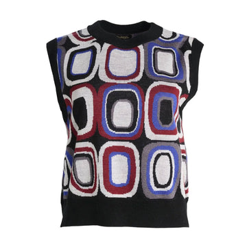 A knitted vest with a rounded square pattern in grey, blue, black and red.