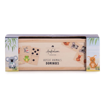 A wooden dominoes game inside a box illustrated with a koala and a kangaroo on either side and a large cut out in the middle.