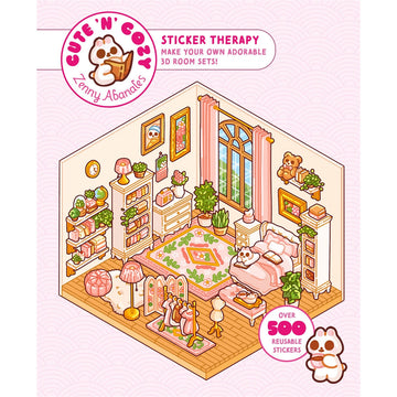 Cute 'n Cozy sticker book with a colorful room set illustration on a pink background.