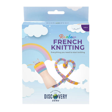 A box titled 'Rainbow French Knitting' with a picture of a knitted coloured rope making a heart shape attached to a knitting doll.