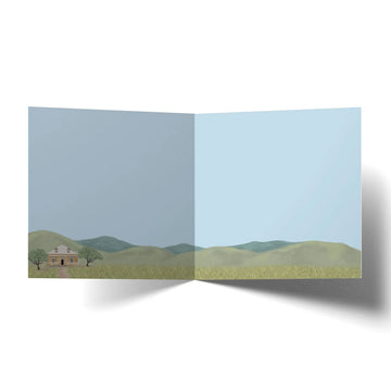 Greeting card with a horse, birds, and scenic background, featuring the text 'Thinking of you'.