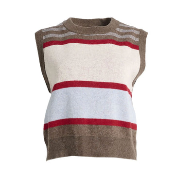 A knitted vest in brown with red and cream coloured stripes.