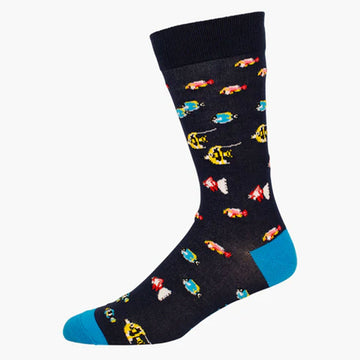 A navy sock with a blue heel and toe and illustrated with colourful fish.
