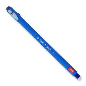 A blue pen with an illustration of a shark at the top and the text 'Shark Attack' written down the side.