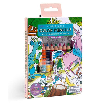 A set of coloured pencils with illustrations of a dragon, unicorn and other creatures on the front.