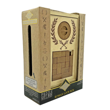 A wooden puzzle inside a box titled 'Roman Lock Box'.