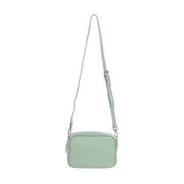 A sage green bag with a long strap and Hoopla embossed on the front.