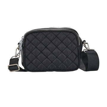 Front view of a quilted cross body bag in black.