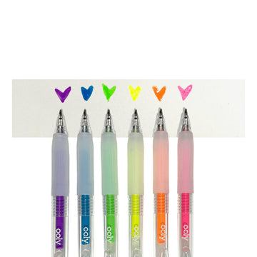 A set of six coloured gel pens in a box with a cut out front and the heading 'Jelly Gloss'.