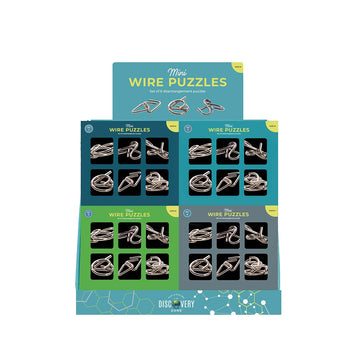 Four sets of wire puzzles with six puzzles in each on display.