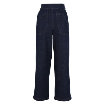 A pair of women's jeans in indigo blue with large side top stitched side pockets.
