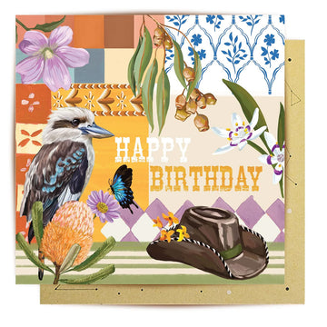 Birthday card with a kookaburra, hat, and flowers on a colorful patterned background.