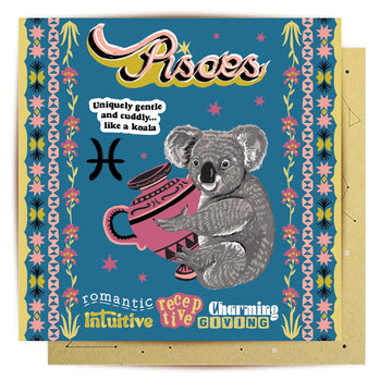 Pisces zodiac card with a koala holding a vase on a blue background