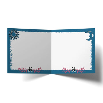 Pisces zodiac card with a koala holding a vase on a blue background