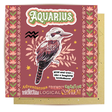 A square greeting card with an illustration of a kookaburra and the text 'Aquarius'.