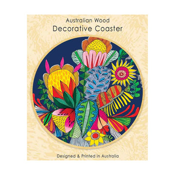 Decorative wooden coaster with colorful floral design on a beige background.