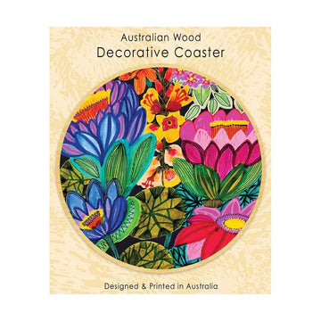 Decorative wooden coaster with colorful floral design on a card.