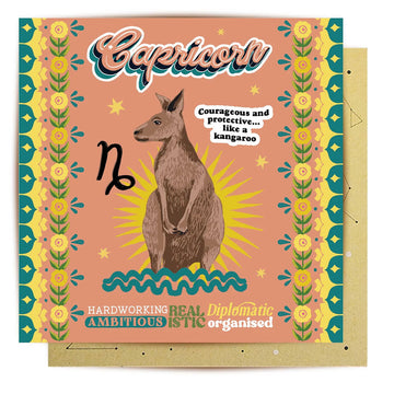 A square greeting card with an illustration of a kangaroo and the text 'Capricorn'. 
