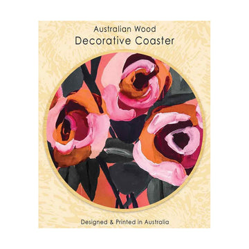 Decorative coaster with floral design and 'Australian Wood Decorative Coaster' text on a card.