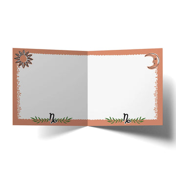 A square greeting card with an illustration of a kangaroo and the text 'Capricorn'. 
