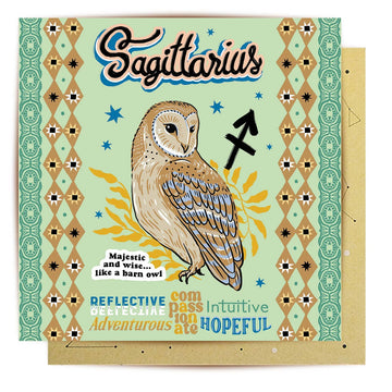 Card with an illustration of an owl, zodiac sign, and descriptive text on a patterned background.