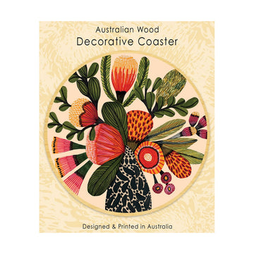 Decorative coaster with floral design and 'Australian Wood Decorative Coaster' branding.