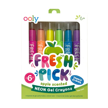 A set of gel style crayons in a box with a cut out front with the heading 'Fresh Pick'.