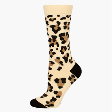 A sock printed with cheetah print with a black heel and toe.