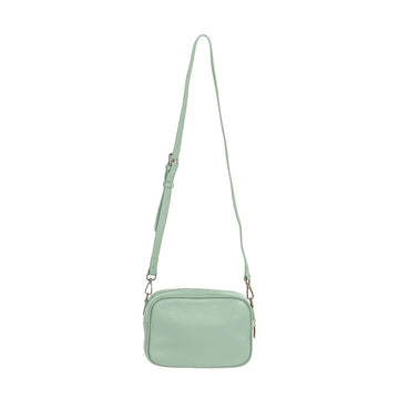 A sage green bag with a long strap and Hoopla embossed on the front.