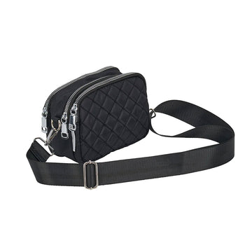 Front view of a quilted cross body bag in black.