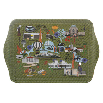 Decorative tray with illustrations of landmarks and symbols of Canberra on a green background.