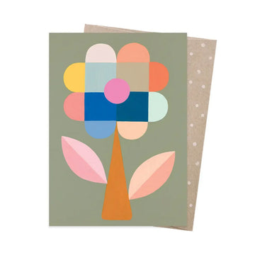 A greeting card with an illustration of a colourful flower on a green background.