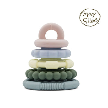 A stack of different coloured teething toys in different sizes.