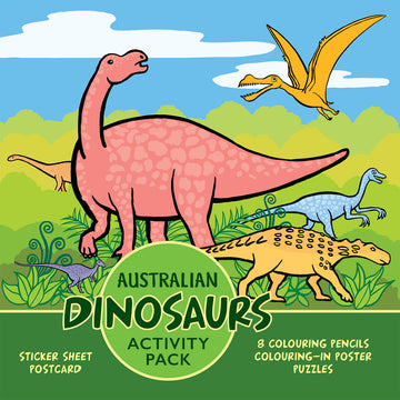 'Australian Dinosaurs Activity Pack' front cover featuring illustrations of dinosaurs in different colours.