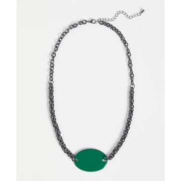 A necklace with a gunmetal grey chain and an oval shaped green pendant in the middle.