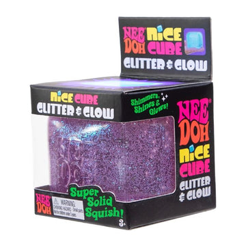 A cube box with a purple glitter squish toy inside.