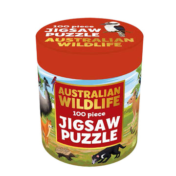 A cylinder container with the heading 'Australian Wildlife 100 piece Jigsaw Puzzle' and illustrations of Australian animals.