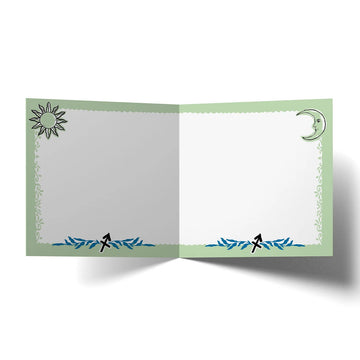 Card with an illustration of an owl, zodiac sign, and descriptive text on a patterned background.