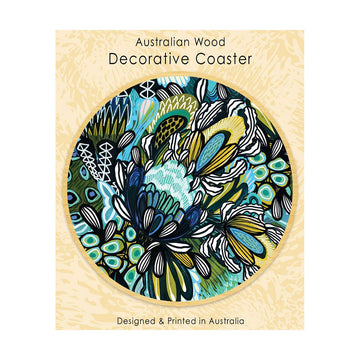 Decorative coaster with blue floral design attached to a card.