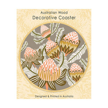 Decorative coaster with floral design on a beige background.