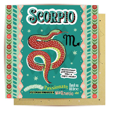 A square greeting card with an illustration of a snake with the heading 'Scorpio'.