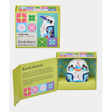 A kookaburra shaped soft toy in the bean shape.