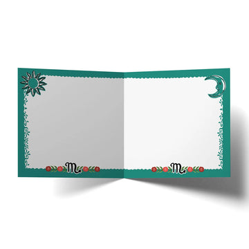 A square greeting card with an illustration of a snake with the heading 'Scorpio'.