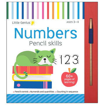 'Numbers Pencil Skills' book cover featuring an illustration of a cat sleeping on books with the characters 1,2 and 3 on the front.