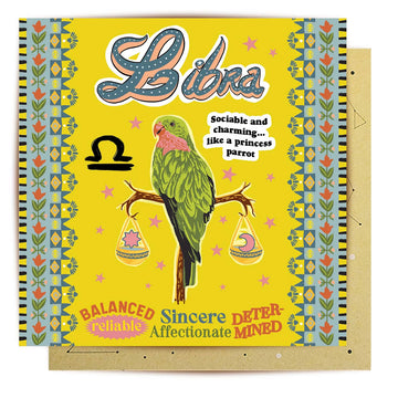 A square greeting card with an illustration of a parrot and the heading 'Libra'.