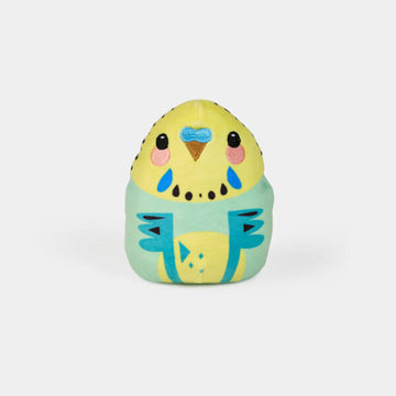 A budgerigar soft toy in a bean shape.