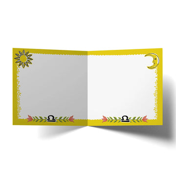 A square greeting card with an illustration of a parrot and the heading 'Libra'.