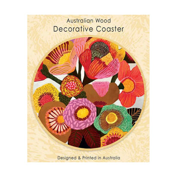 Decorative coaster with colorful floral design on a beige background.